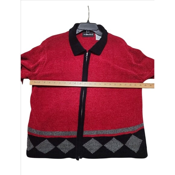Sag Harbor Women’s Large Red Black Zip Up Sweater Jacket Soft Knit Retro - Picture 2 of 7